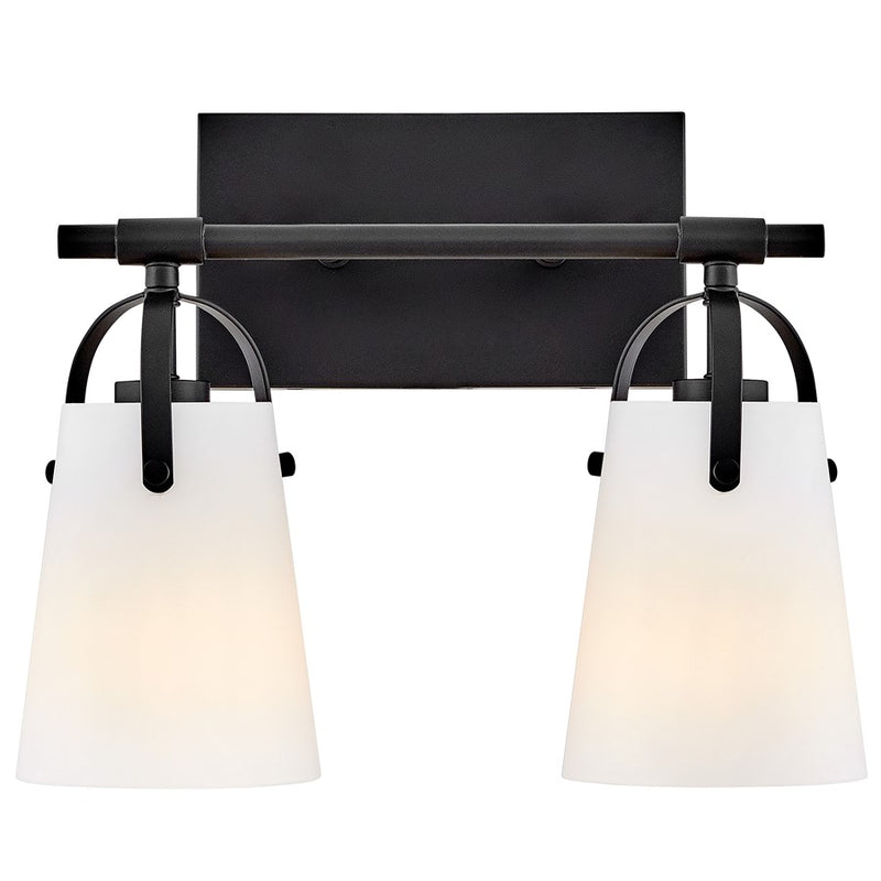 Hinkley Lighting Foster 2-Light Vanity Light | Black Finish | Etched Opal Glass Shade | Transitional Vanity Light | Hardwired Damp Rated | 5132BK-OP