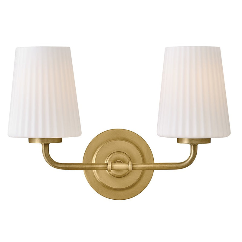 Hinkley McKenna 15in 2-Light Vanity Light | Traditional Lacquered Brass Steel and Pleated Etched Opal Glass | Bathroom Vanity | 6.75 x 15 | Model 57402LCB