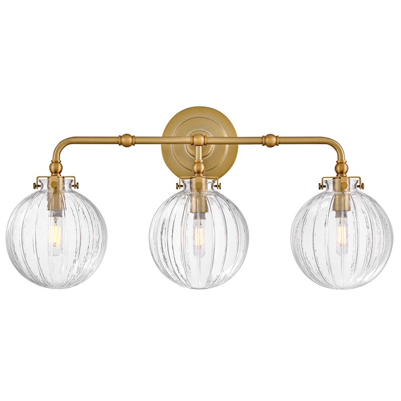 Hinkley Lighting Helene 3-Light Vanity Light | Lacquered Brass Finish | Clear Ribbed Glass Shade | Transitional Vanity Light | Damp Rated | 57413LCB