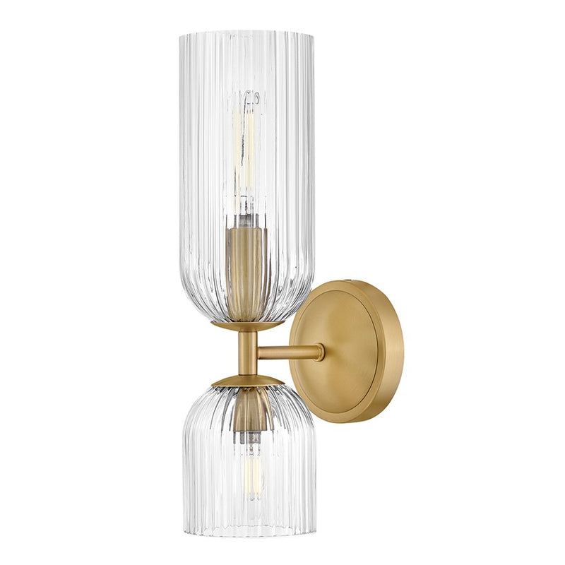 Hinkley Ava 16in 2-Light Bath Sconce | Transitional Lacquered Brass Steel and Clear Ribbed Glass | Bathroom Vanity Light | 6.75 x 4.75 x | Model 57472LCB