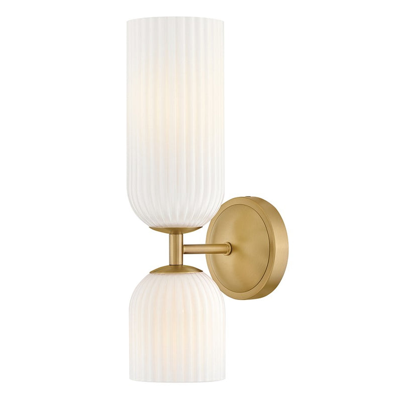 Hinkley Ava 16in 2-Light Bath Sconce | Transitional Lacquered Brass Steel and Cased Opal Ribbed Glass | Bathroom Vanity Light | 6.75 x | Model 57472LCB-CO