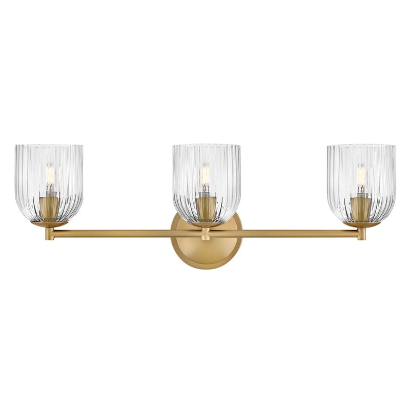 Hinkley Ava 24in 3-Light Vanity | Transitional Lacquered Brass Steel and Clear Ribbed Glass | Bathroom Vanity Light | 6.5 x 24 x 8 in | Model 57473LCB