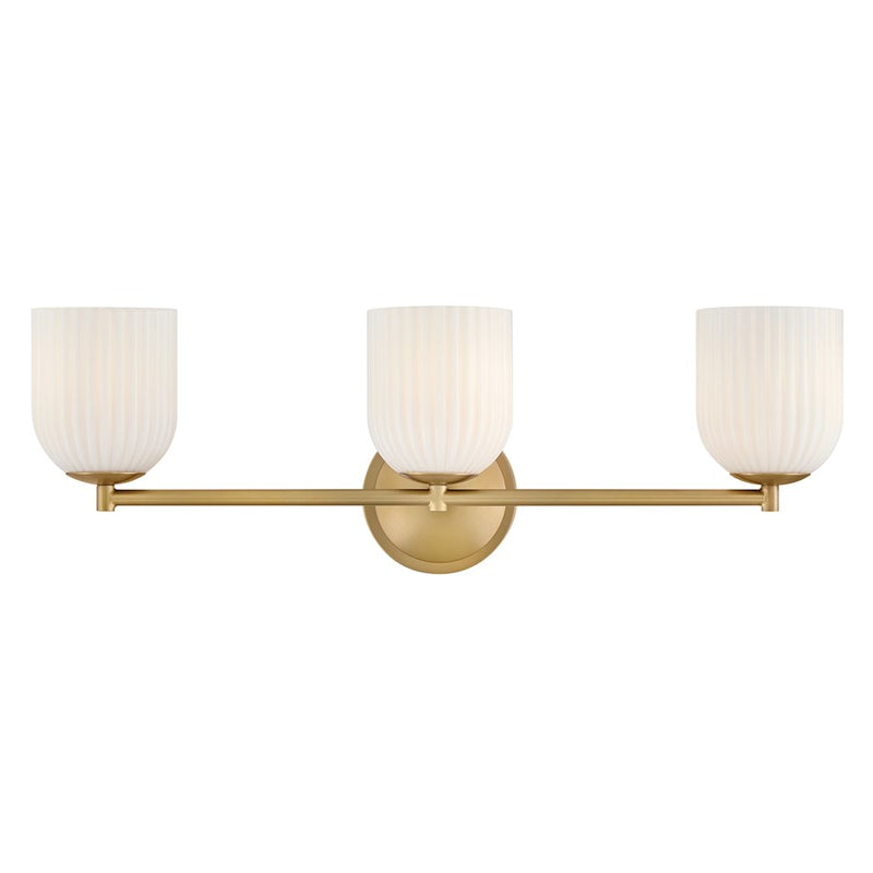Hinkley Ava 24in 3-Light Vanity Lighting | Transitional Lacquered Brass Steel and Cased Opal Ribbed Glass | Bathroom Vanity | 6.5 x 24 | Model 57473LCB-CO