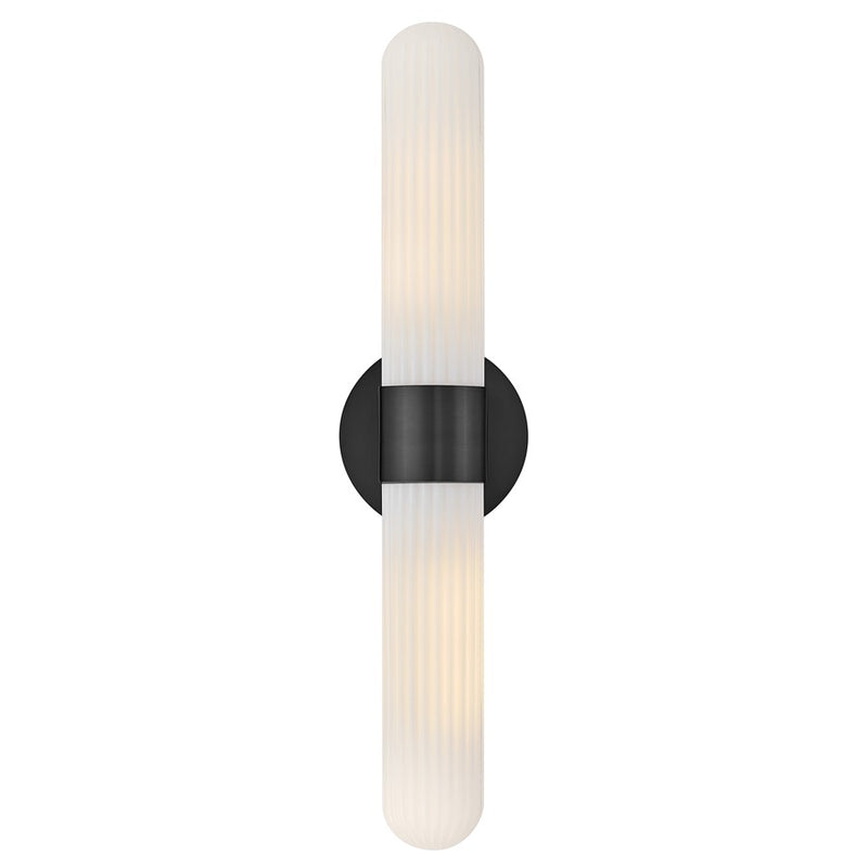 Hinkley Nina 24in 2-Light Bath Sconce | Transitional Black Steel and Cased Opal Ribbed Glass | Bathroom Vanity Light | 4.75 x 5.5 x 24 in | Model 57482BK
