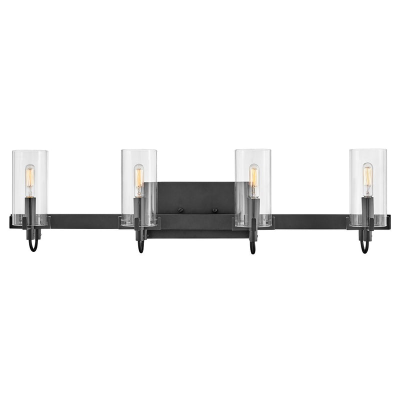 Hinkley Ryden 30in 4-Light Vanity Light | Transitional Black Steel and Clear Glass | Bathroom Vanity | 5.5 x 30 x 8.25 in | Model 58064BK