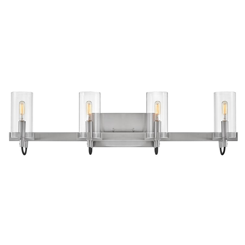 Hinkley Ryden 30in 4-Light Vanity Light | Transitional Brushed Nickel Steel and Clear Glass | Bathroom Vanity | 5.5 x 30 x 8.25 in | Model 58064BN