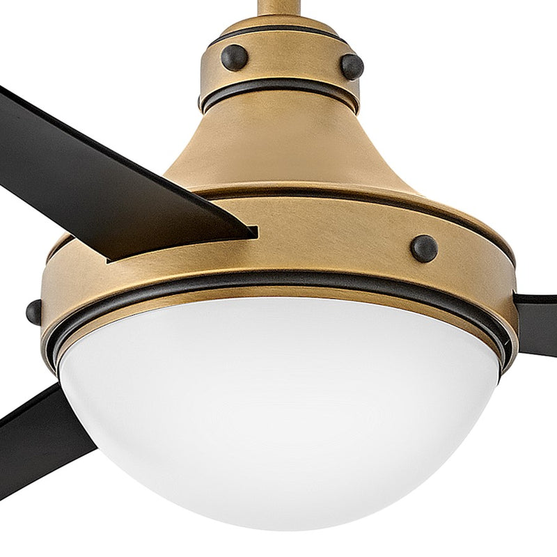 Hinkley Oliver 62in 3-Blade LED Smart Ceiling Fan | Traditional Heritage Brass and Matte Black Steel with White Glass | Covered | Model 905962FHB-LWD