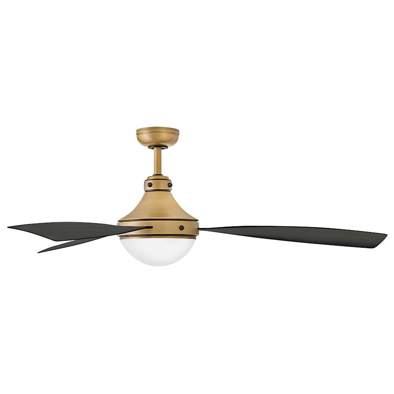 Hinkley Oliver 62in 3-Blade LED Smart Ceiling Fan | Traditional Heritage Brass and Matte Black Steel with White Glass | Covered | Model 905962FHB-LWD