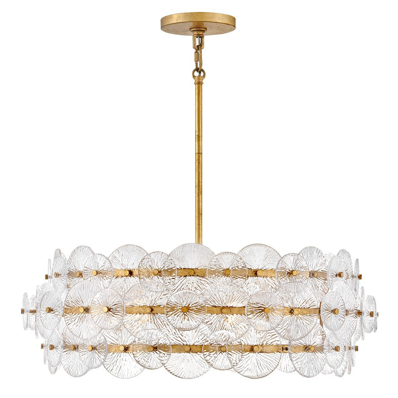 Fredrick Ramond Rene 6Lt Chandelier, Distressed Brass/Clear Pressed
