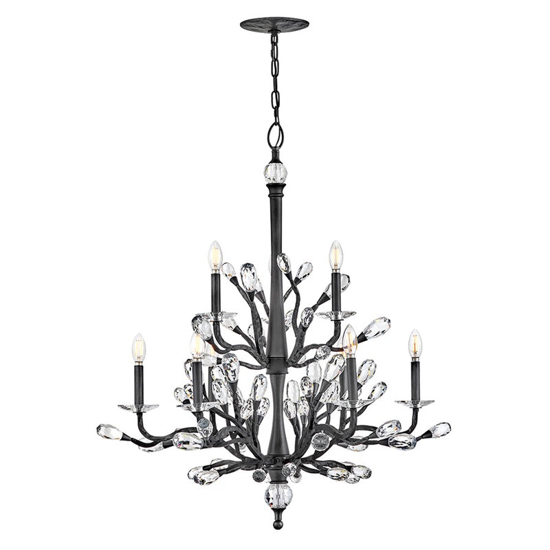 Hinkley Eve 33in 9-Light Chandelier | Glam Brushed Graphite Steel and Clear Crystal | Dining Room & Living Room | 33 x 33 x 35 in | Model FR46809BGR