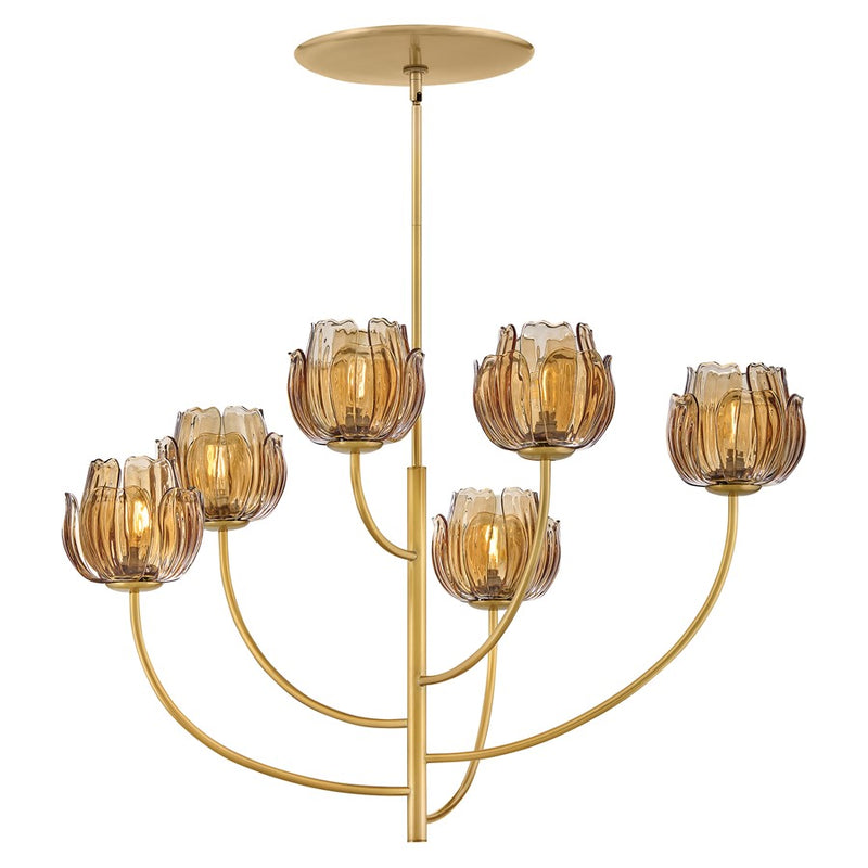 Hinkley Fantine 30in 6-Light Chandelier | Transitional Unlacquered Brass and Light Amber Glass | Dining Room & Living Room | 30 x 32 | Model FR46896UB-AM