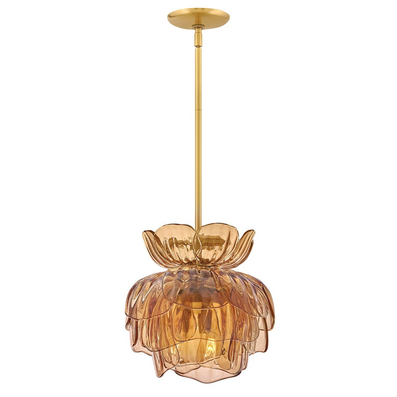 Hinkley Fantine 15in 6-Light Pendant | Transitional Unlacquered Brass and Light Amber Artisan Glass | Dining Room & Foyer | 15 x 15 x | Model FR46897UB-AM