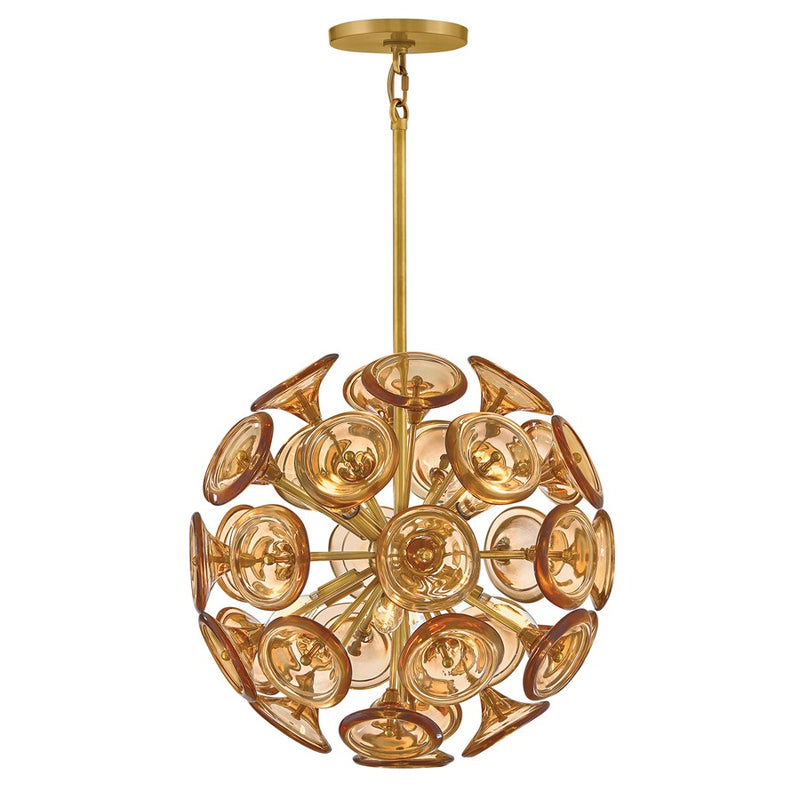 Hinkley Fredrick Ramond Maya 20in 8-Light Pendant | Transitional Unlacquered Brass and Light Amber Glass | Dining Room & Living Room | Model FR46907UB-AM