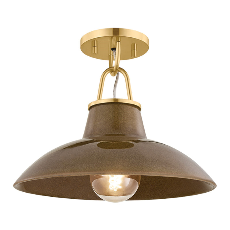 Hudson Valley Pottersville 12.5in 1-Light Flush Mount | Mid-Century Aged Brass and Ceramic Umber Crackle | Kitchen & Hallway | Model 1928-AGB-CUK