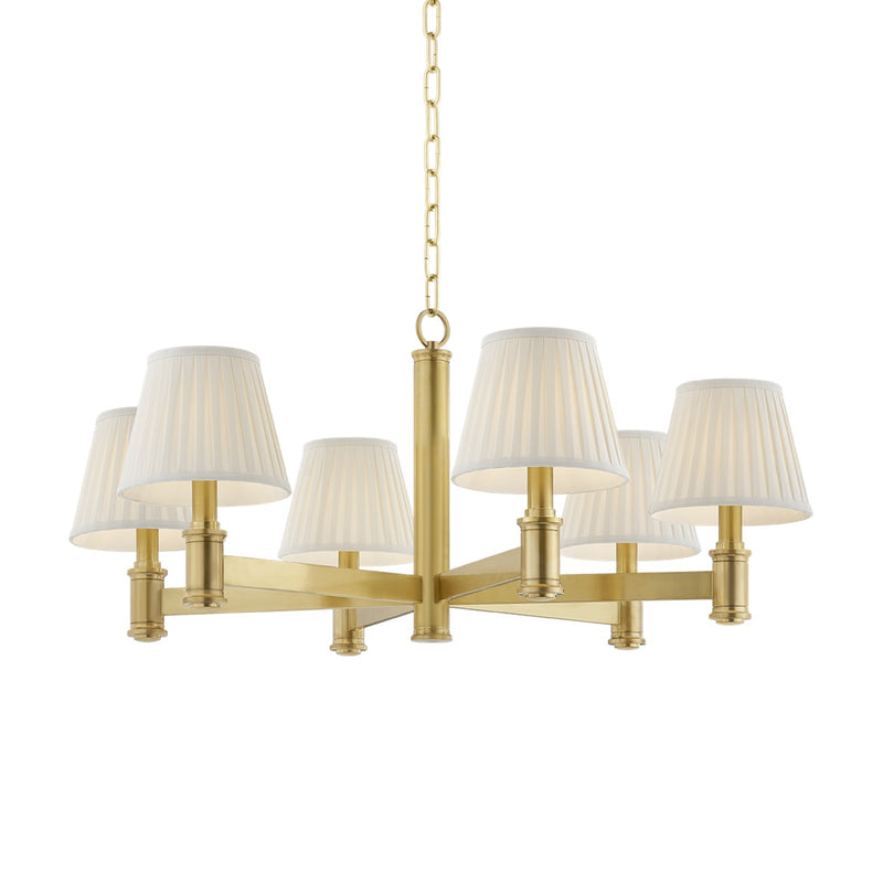 Hudson Valley Woodland Park 32in 6-Light Chandelier | Traditional Aged Brass and Cream Silk Pleated Shades | Dining Room & Bedroom | Model 3532-AGB