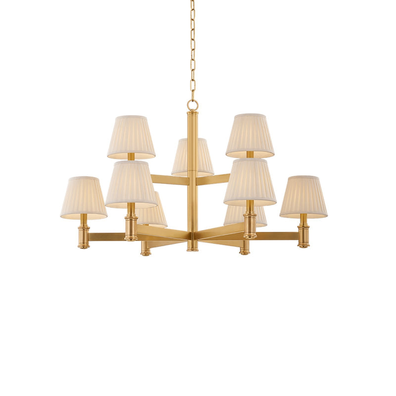 Hudson Valley Woodland Park 38in 9-Light Chandelier | Traditional Aged Brass and Cream Silk Pleated Shades | Dining Room & Foyer | Model 3538-AGB