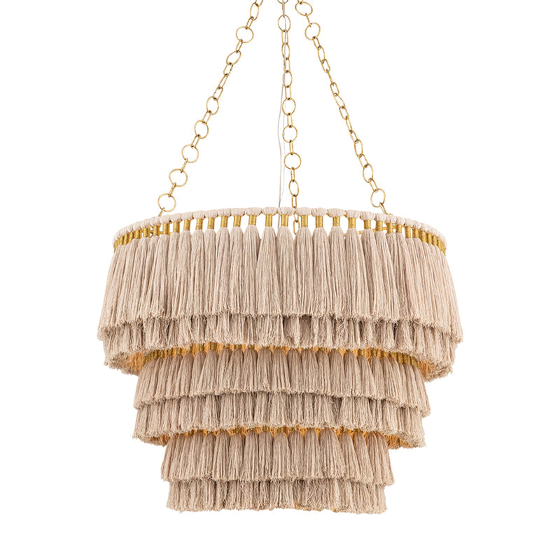 Hudson Valley High Falls 37in 18-Light Chandelier | Aged Brass and Cotton Tassel Natural Woven | Dining Room & Foyer | Model 4219-AGB