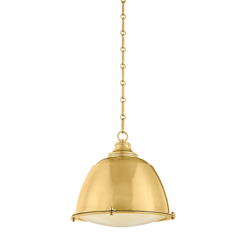 Hudson Valley Milltown 14in 1-Light Pendant | Industrial Aged Brass and Holophane Glass | Kitchen Island & Dining Room | Model 4517-AGB