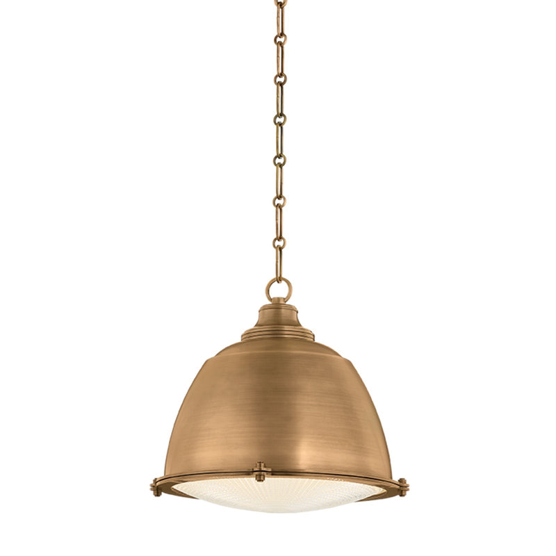 Hudson Valley Milltown 14in 1-Light Pendant | Industrial Patina Brass and Holophane Glass | Kitchen Island & Dining Room | Model 4517-PBR