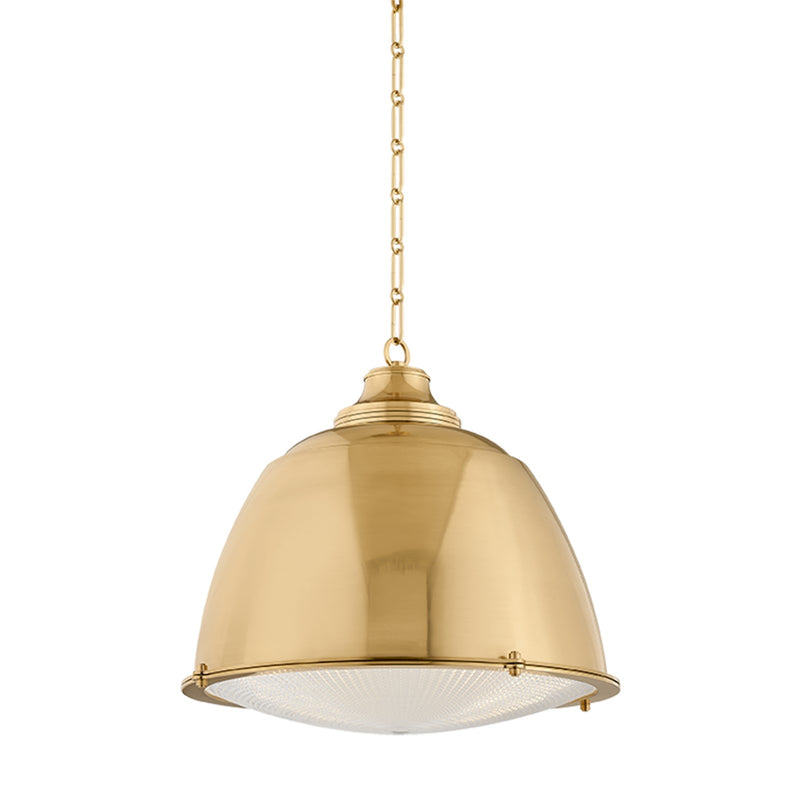 Hudson Valley Milltown 19.75in 1-Light Pendant | Industrial Aged Brass and Holophane Glass | Kitchen Island & Dining Room | Model 4522-AGB