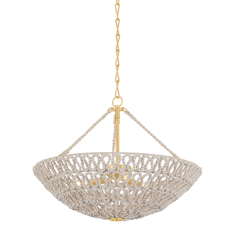 Hudson Valley Pleasant Plains 24in 3-Light Chandelier | Coastal Vintage Gold Leaf and Natural Abaca Rope | Dining Room & Kitchen | Model 5426-VGL