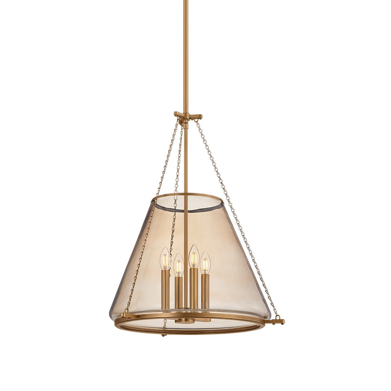 Hudson Valley Clark Heights 23in 4-Light Lantern Pendant | French Farmhouse Patina Brass and Light Bronze Glass | Kitchen Island | Model 7604-PBR