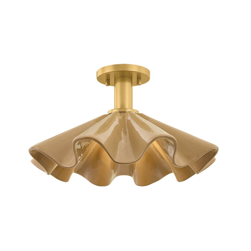 Hudson Valley Libertyville 18in 1-Light Semi Flush | Cottage Aged Brass and Oyster White Ceramic | Bedroom & Hallway | Model 8018-AGB-OWC