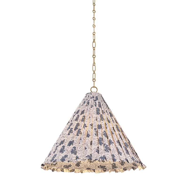 Hudson Valley Fitchburg 20in 1-Light Pendant | French Farmhouse Patina Brass and Bloom Navy Textile | Kitchen & Dining Room | Model 9161B-PBR