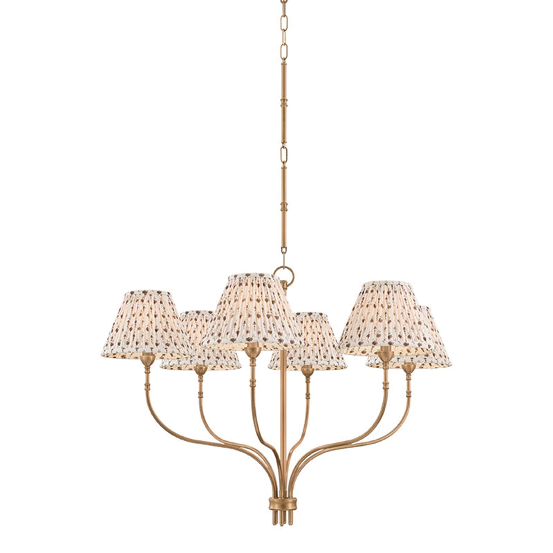 Hudson Valley Garnerville 36in 6-Light Chandelier | Whimsical Patina Brass and Primrose Red Textile | Dining Room & Foyer | Model 9346B-PBR