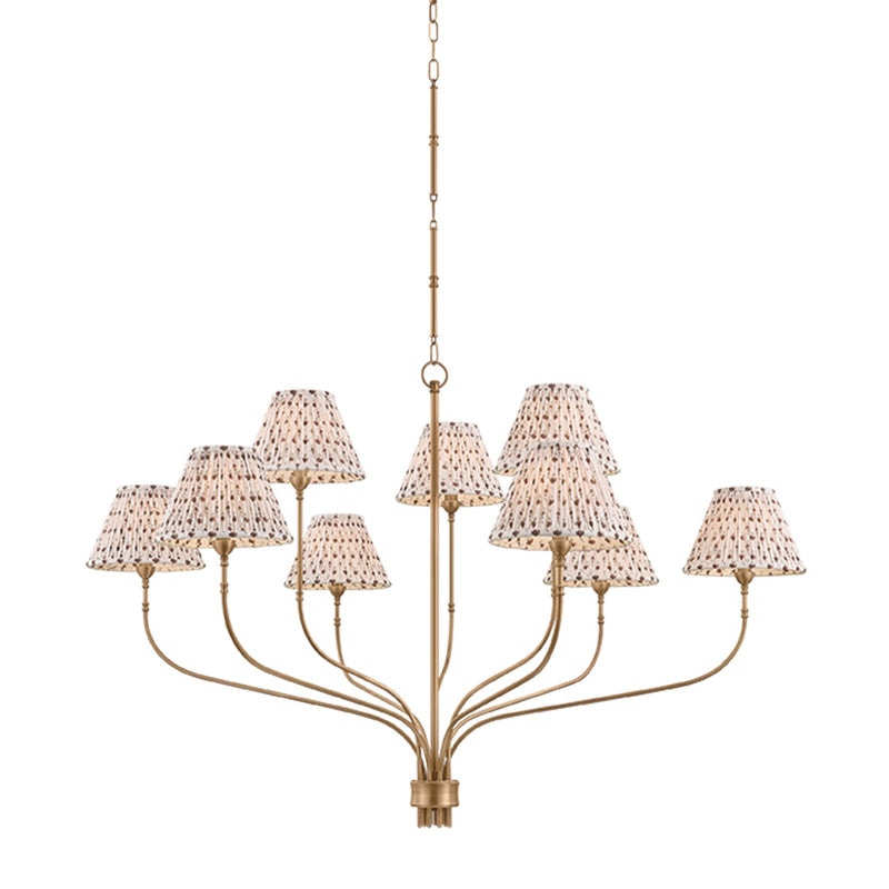 Hudson Valley Garnerville 54.25in 9-Light Chandelier | Whimsical Patina Brass and Primrose Red Textile | Dining Room & Foyer | Model 9349B-PBR