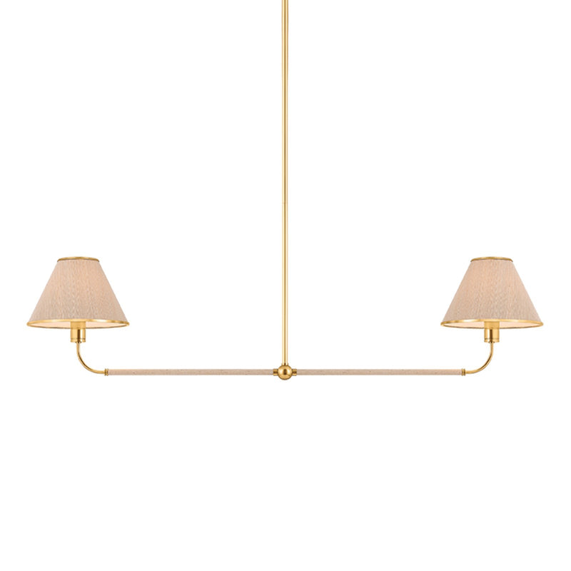Hudson Valley Shore Road 11in 2-Light Linear Chandelier | 1970s Aged Brass and Natural Grasscloth | Kitchen Island & Dining Room | Model 9832-AGB