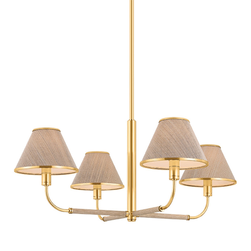 Hudson Valley Shore Road 32in 4-Light Chandelier | Traditional Aged Brass and Natural Grasscloth | Dining Room & Foyer | 32 x 14 in | Model 9834-AGB
