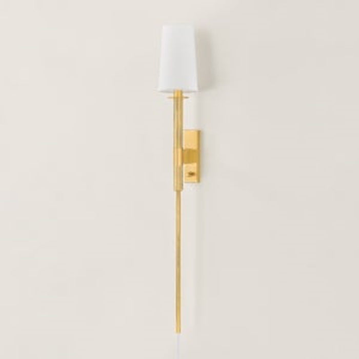 Mitzi Ginny 1 Light Plug-in Sconce, Aged Brass/White Linen