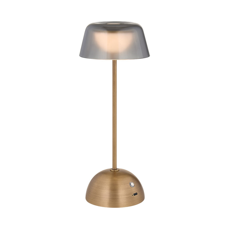 Hudson Valley Hughsonville 11in Rechargeable Table Lamp | Modern Patina Brass and Smoke Glass | Bedroom & Patio | 4.25 x 11.25 in | Model L2091-PBR