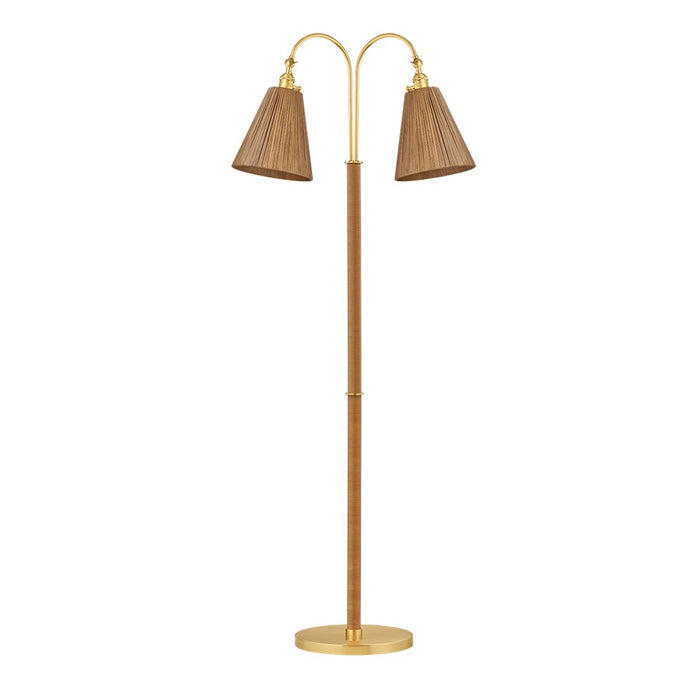 Hudson Valley Ruthin 2 Light Floor Lamp, Aged Brass/Natural Rattan - L2168-AGB