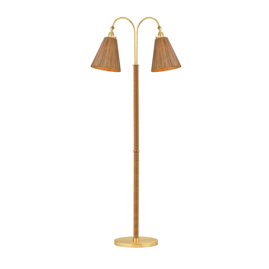 Hudson Valley Ruthin 2 Light Floor Lamp, Aged Brass/Natural Rattan