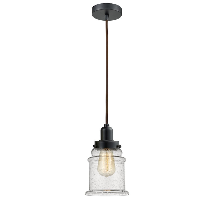 Innovations Whitney Canton 8in 1-Light Mini Pendant | Industrial Matte Black and Seedy Glass | Kitchen Island & Dining | Model 100BK-10BR-0H-BK-G184