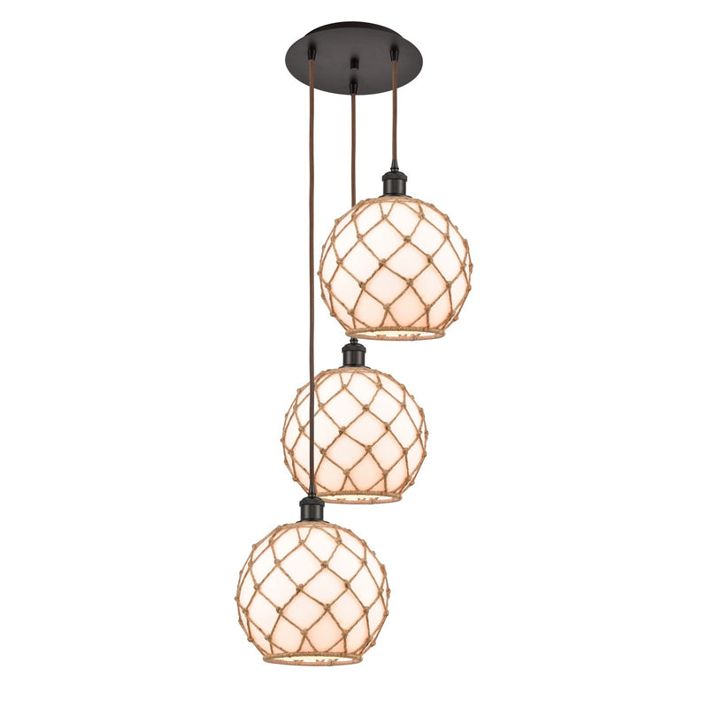 Innovations Farmhouse Rope 17in 3-Light Multi Pendant | Industrial Oil Rubbed Bronze and Matte White Glass with Brown Rope | Model 113B-3P-OB-G121-10RB