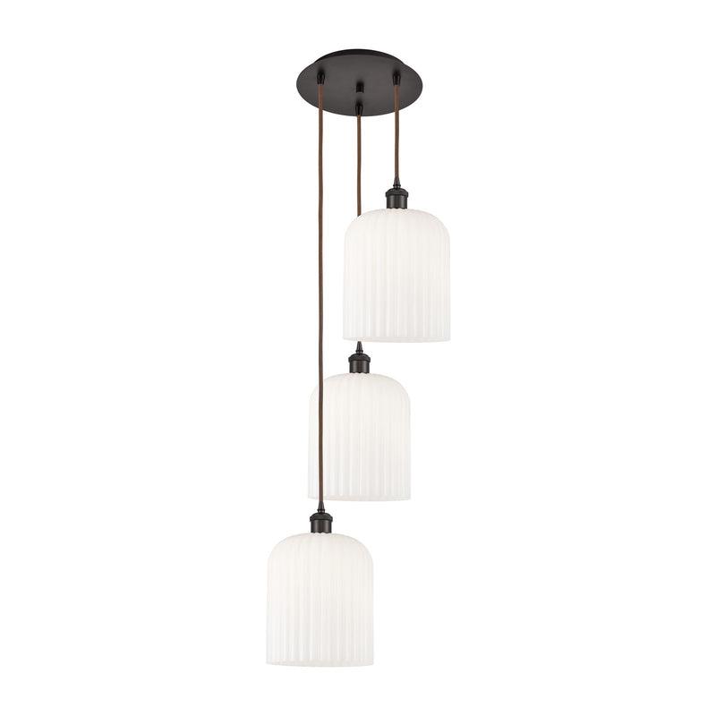 Innovations Bridal Veil 12in 3-Light Multi Pendant | Industrial Oil Rubbed Bronze and Gloss White Ribbed Glass | Kitchen | Model 113B-3P-OB-G559-8GWH