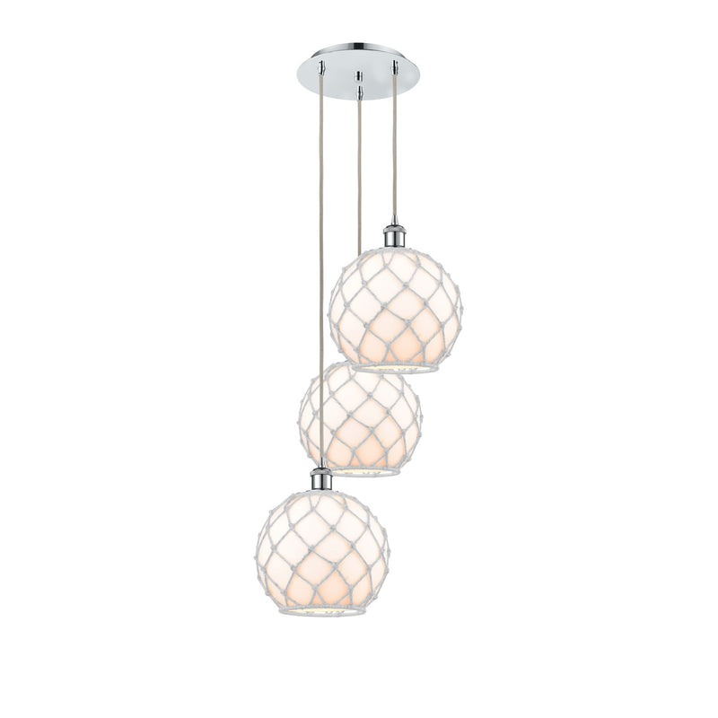 Innovations Farmhouse Rope 17in 3-Light Multi Pendant | Industrial Polished Chrome and White Glass with White Rope | Kitchen | Model 113B-3P-PC-G121-10RW
