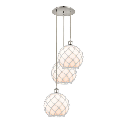 Innovations Farmhouse Rope 17in 3-Light Multi Pendant | Industrial Polished Nickel and White Glass with White Rope | Kitchen | Model 113B-3P-PN-G121-10RW