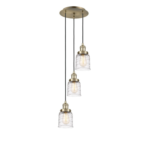Innovations Bell 12in 3-Light Multi Pendant | Traditional Art Deco Antique Brass and Clear Deco Swirl Glass | Kitchen Island & | Model 113F-3P-AB-G513
