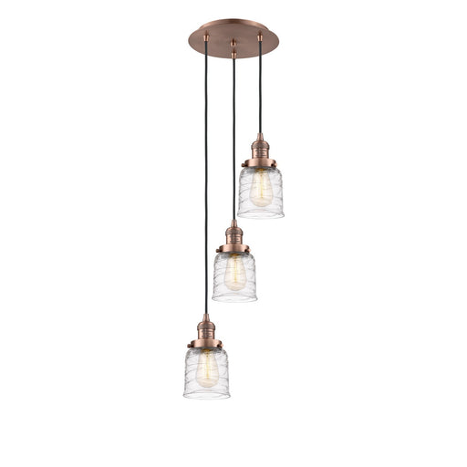 Innovations Bell 12in 3-Light Multi Pendant | Traditional Art Deco Antique Copper Steel and Clear Deco Swirl Glass | Kitchen | Model 113F-3P-AC-G513