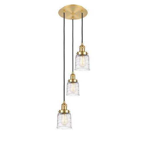 Innovations Bell 12in 3-Light Multi Pendant | Traditional Art Deco Satin Gold Steel and Clear Deco Swirl Glass | Kitchen Island & | Model 113F-3P-SG-G513