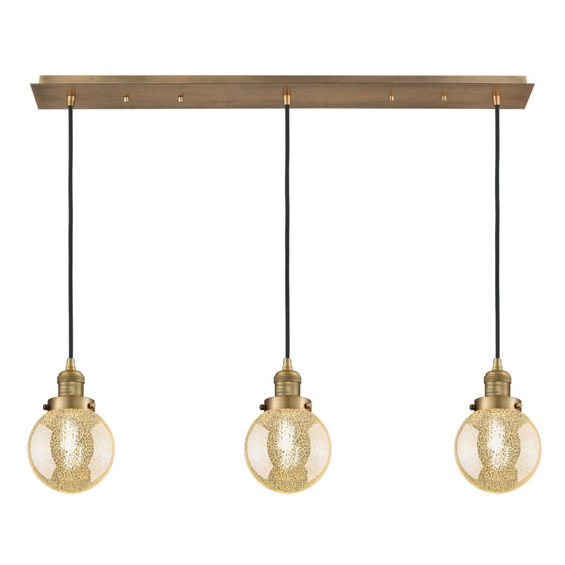 Innovations Beacon 38in 3-Light Linear Pendant | Art Deco Brushed Brass and Mercury Seeded Glass | Kitchen Island & Dining Room | Model 123F-3P-BB-G208-6