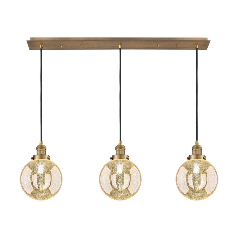 Innovations Beacon 40in 3-Light Linear Pendant | Art Deco Brushed Brass Steel and Mercury Seeded Glass | Kitchen Island & Dining | Model 123F-3P-BB-G208-8