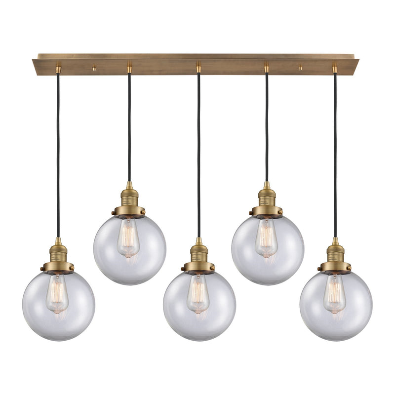 Innovations Beacon 40in 5-Light Linear Pendant | Art Deco Brushed Brass and Clear Glass | Kitchen Island & Dining Room | Model 125F-5P-BB-G202-8