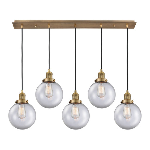 Innovations Beacon 40in 5-Light Linear Pendant | Art Deco Brushed Brass and Clear Glass | Kitchen Island & Dining Room | Model 125F-5P-BB-G202-8