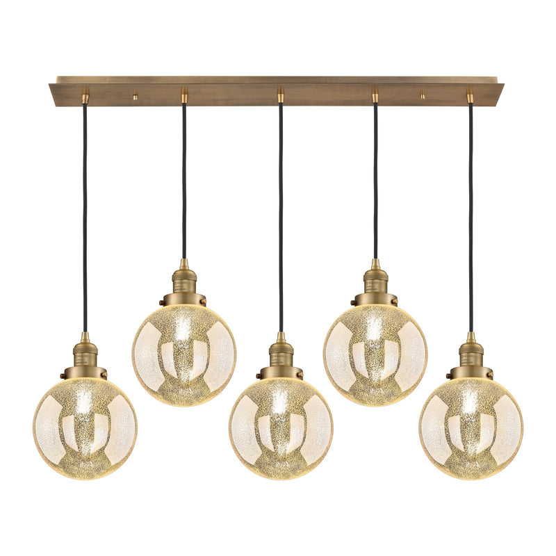 Innovations Beacon 40in 5-Light Linear Pendant | Art Deco Brushed Brass Steel and Mercury Seeded Glass | Kitchen Island & Dining | Model 125F-5P-BB-G208-8