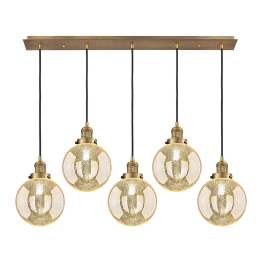 Innovations Beacon 40in 5-Light Linear Pendant | Art Deco Brushed Brass Steel and Mercury Seeded Glass | Kitchen Island & Dining | Model 125F-5P-BB-G208-8